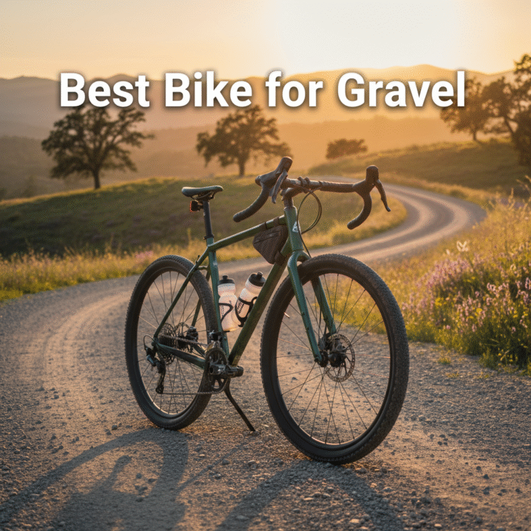 Gravel bike on a sunlit country road, built for adventure, with "Best Bike for Gravel" title overlay.