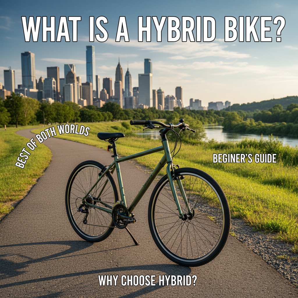 Modern hybrid bike on a scenic path, city and park behind; covers versatility and beginner’s tips.