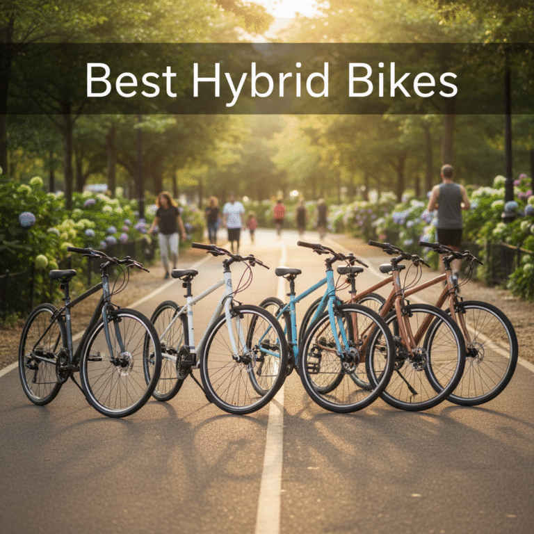 Best Hybrid Bikes displayed in a sunlit park, showcasing modern designs for an active, healthy lifestyle.