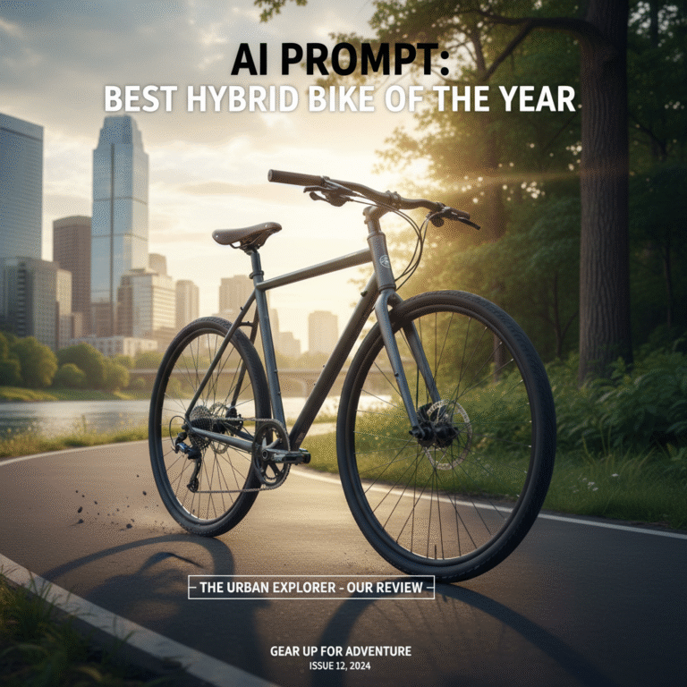 Hybrid bike showcased on a scenic trail, blending city skyline and lush park, for magazine cover feature.