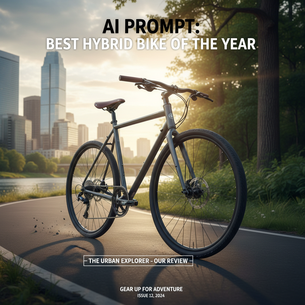 Hybrid bike showcased on a scenic trail, blending city skyline and lush park, for magazine cover feature.