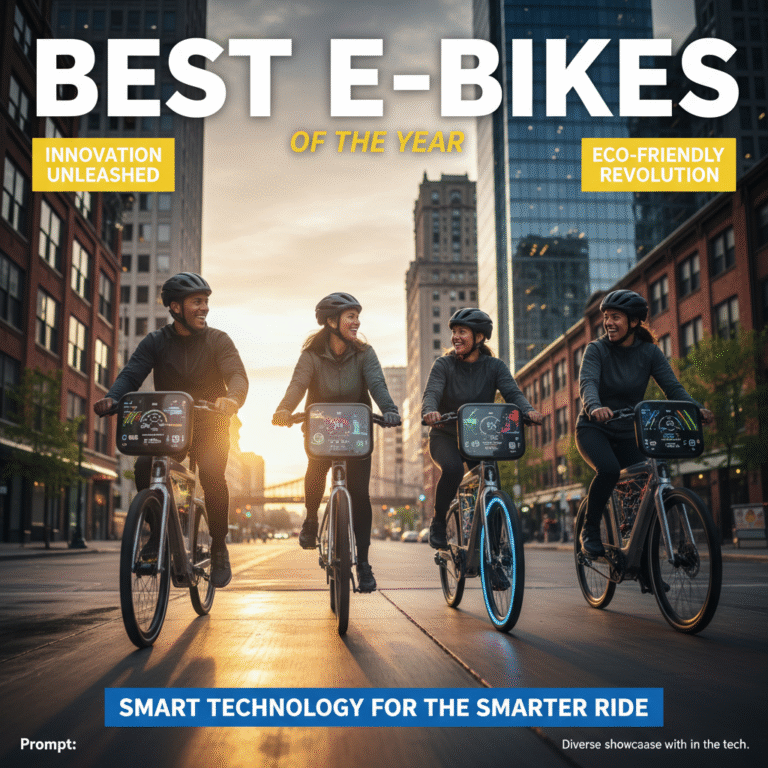 alt_text: Diverse riders showcase top e-bikes with smart tech in a lively city sunrise for a magazine cover.