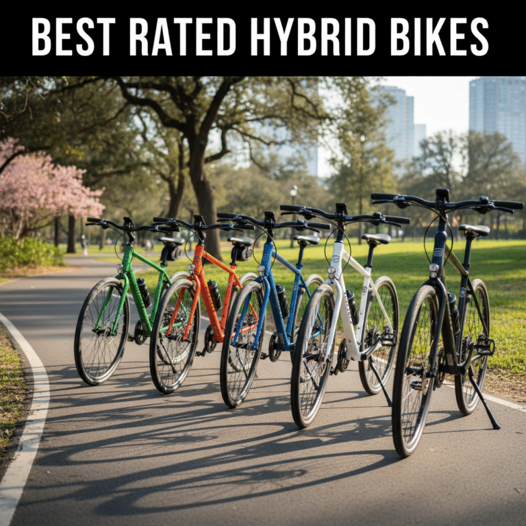 Best Rated Hybrid Bikes lined up on a scenic trail, showcasing top designs for cycling enthusiasts.
