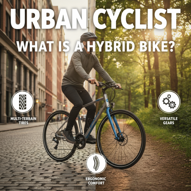 Hybrid bike on city street and park trail, highlighting comfort, versatility, tires, and ergonomic design.