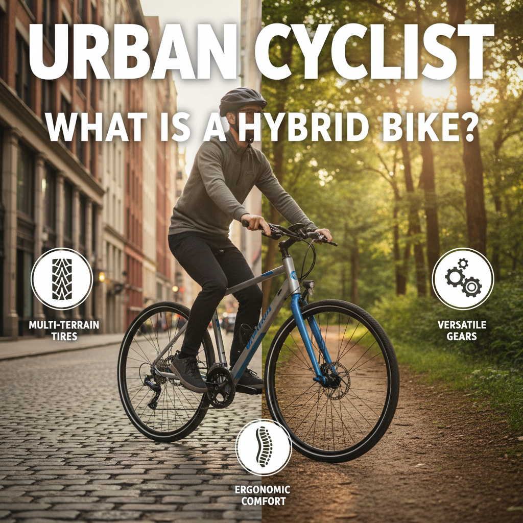 Hybrid bike on city street and park trail, highlighting comfort, versatility, tires, and ergonomic design.
