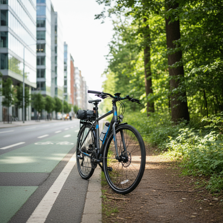 A modern hybrid bike stands where city streets blend into a scenic trail, showing its versatile design.