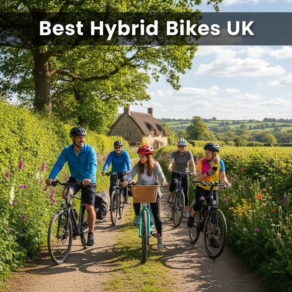 Cyclists ride and park hybrid bikes on a sunny UK countryside lane for "Best Hybrid Bikes UK".