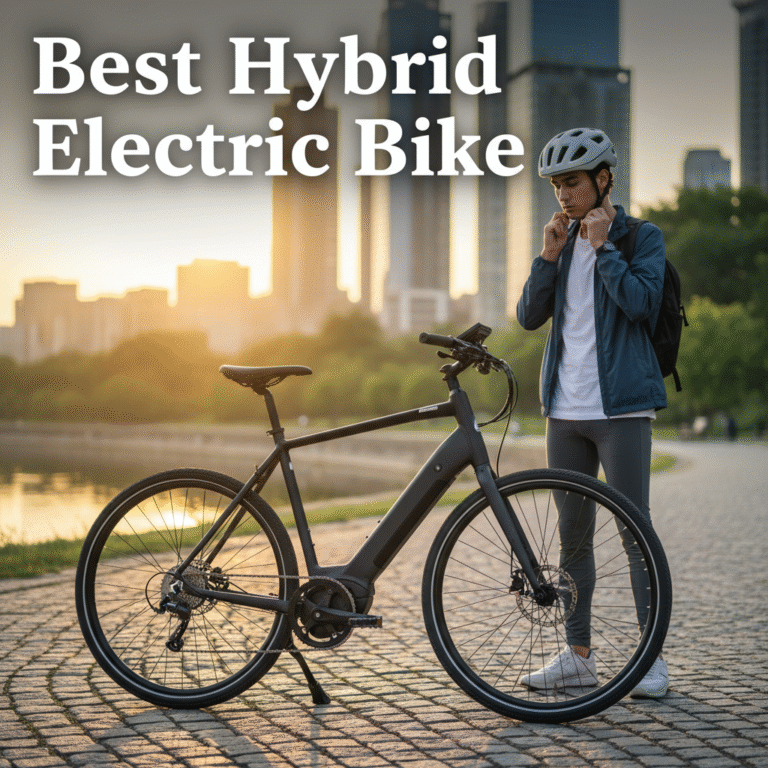 Modern hybrid electric bike on a city path at sunrise, highlighting stylish design and green commuting.
