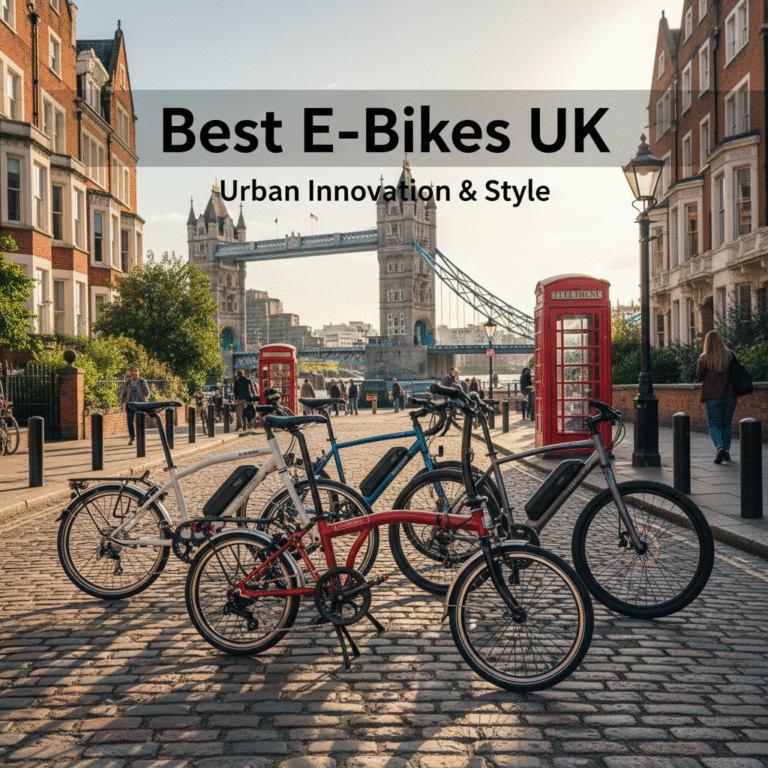 Showcasing top UK e-bikes in front of classic London icons, highlighting urban innovation and style.