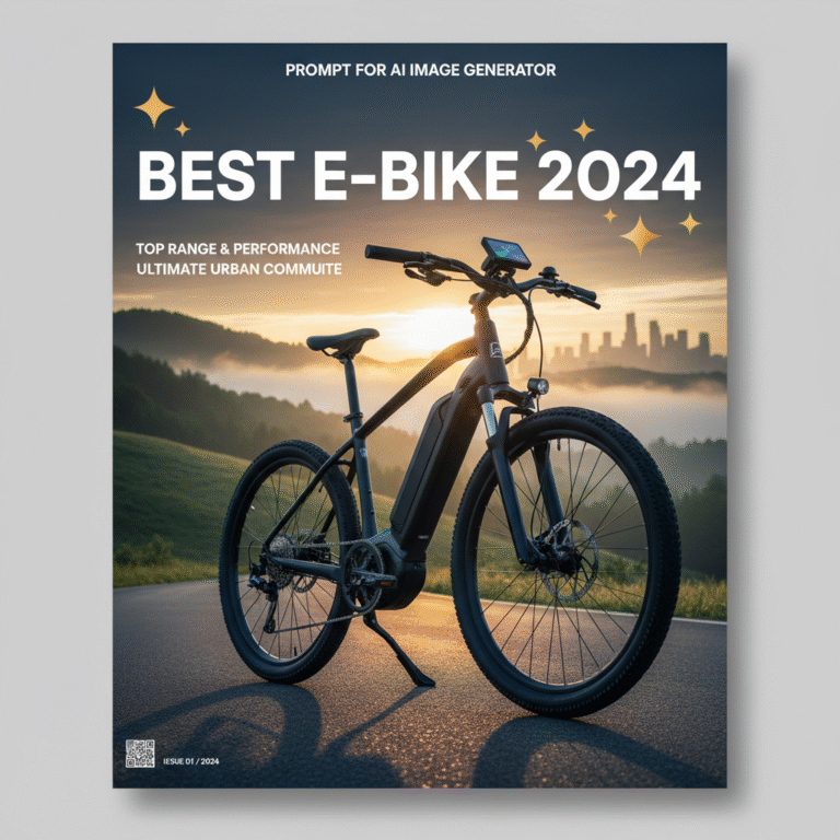 Modern e-bike on scenic road at sunrise, magazine cover titled "Best E-Bike 2024", city skyline behind.