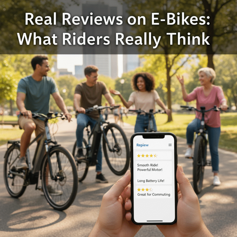 Diverse riders test e-bikes in a park, sharing reviews and ratings on mobile devices.