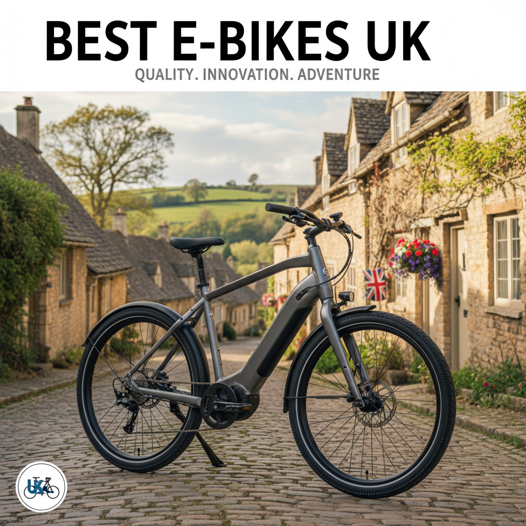 Modern electric bike on a scenic UK street with hills and classic architecture, stylish and inviting.