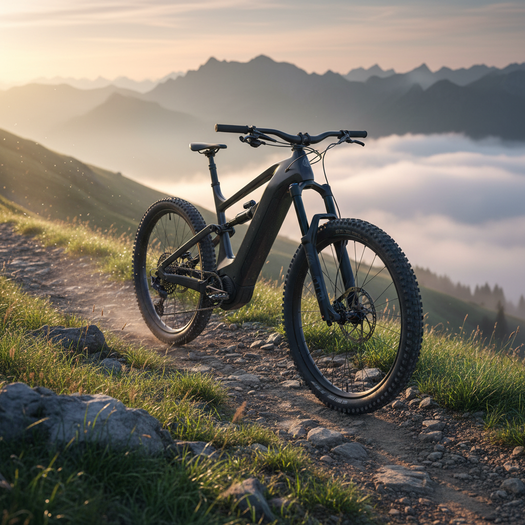 alt_text State-of-the-art e-mountain bike on a misty mountain trail at sunrise, highlighting adventure and innovation.