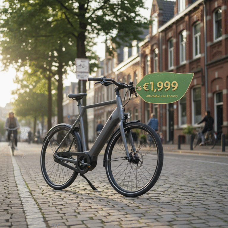 Modern e-bike with price tag in a city setting, highlighting affordability and eco-friendliness.