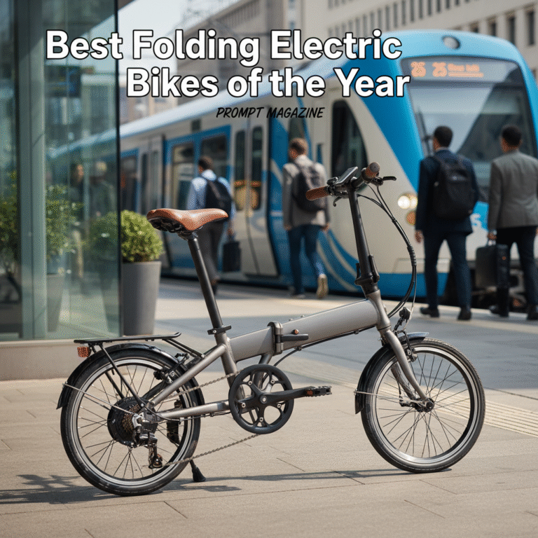 Best Folding Electric Bikes of the Year cover with a sleek, modern bike in an urban commuter setting.