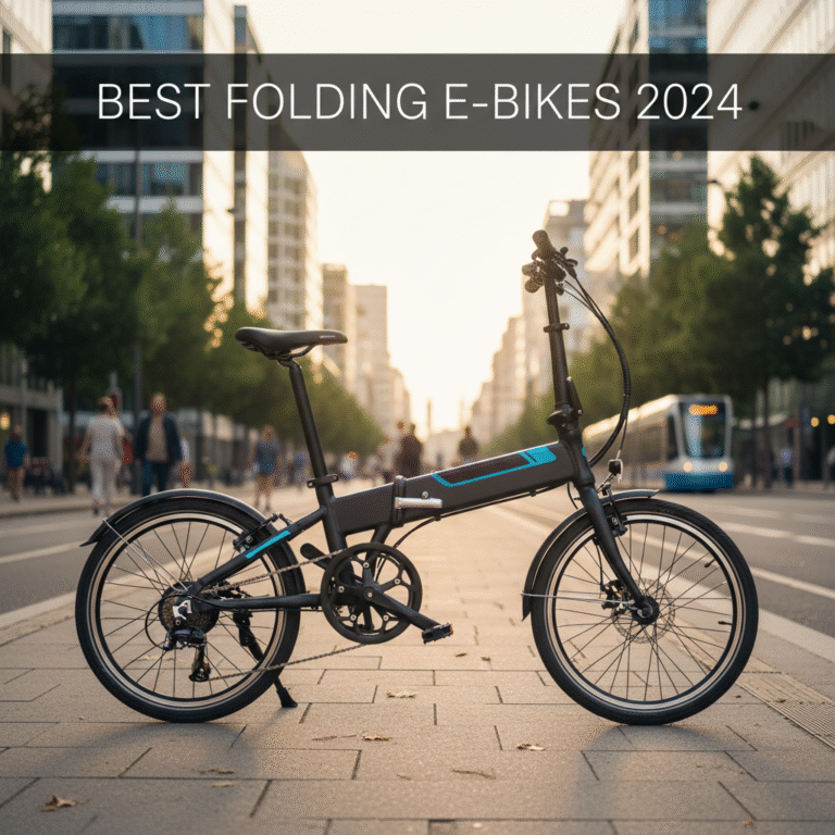 Best Folding E-Bikes 2024: Sleek electric bike, partially folded, shines in a vibrant city setting.