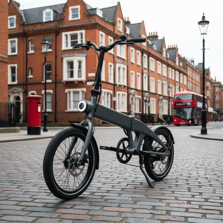 Sleek folding e-bike on a UK city street, with red bricks and classic British urban scenery.