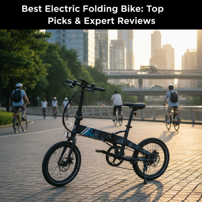 Best Electric Folding Bike: sleek, compact e-bike in an urban setting with modern city and cyclists.