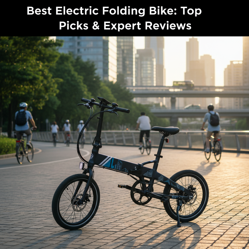Best Electric Folding Bike: sleek, compact e-bike in an urban setting with modern city and cyclists.