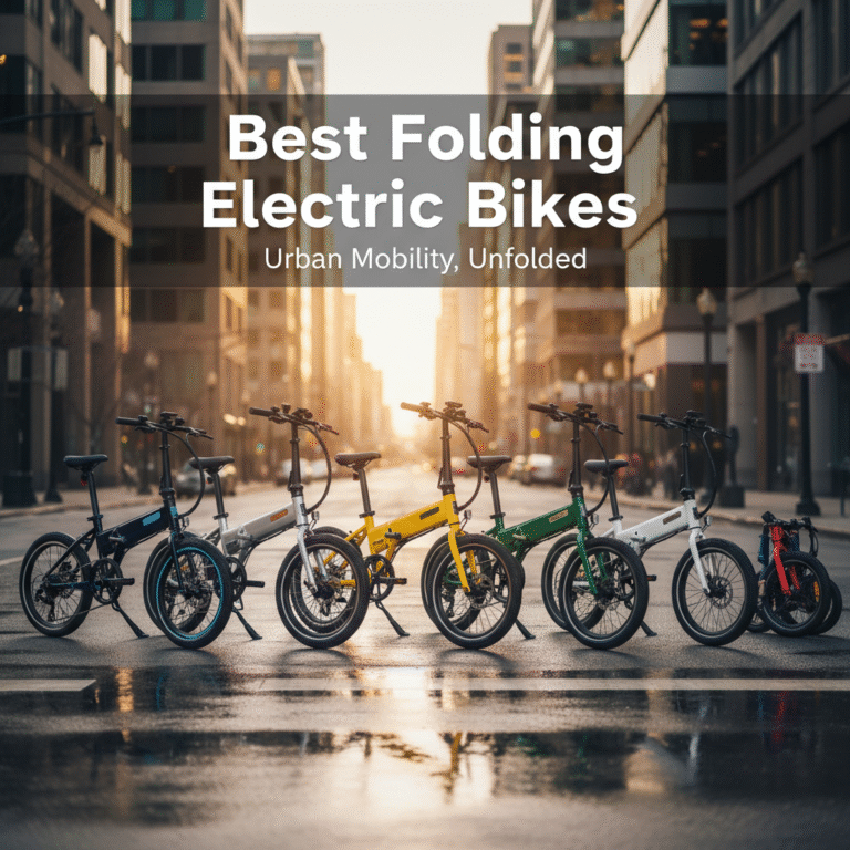Best Folding Electric Bikes lined up in a city, showing modern designs and compact folding features.