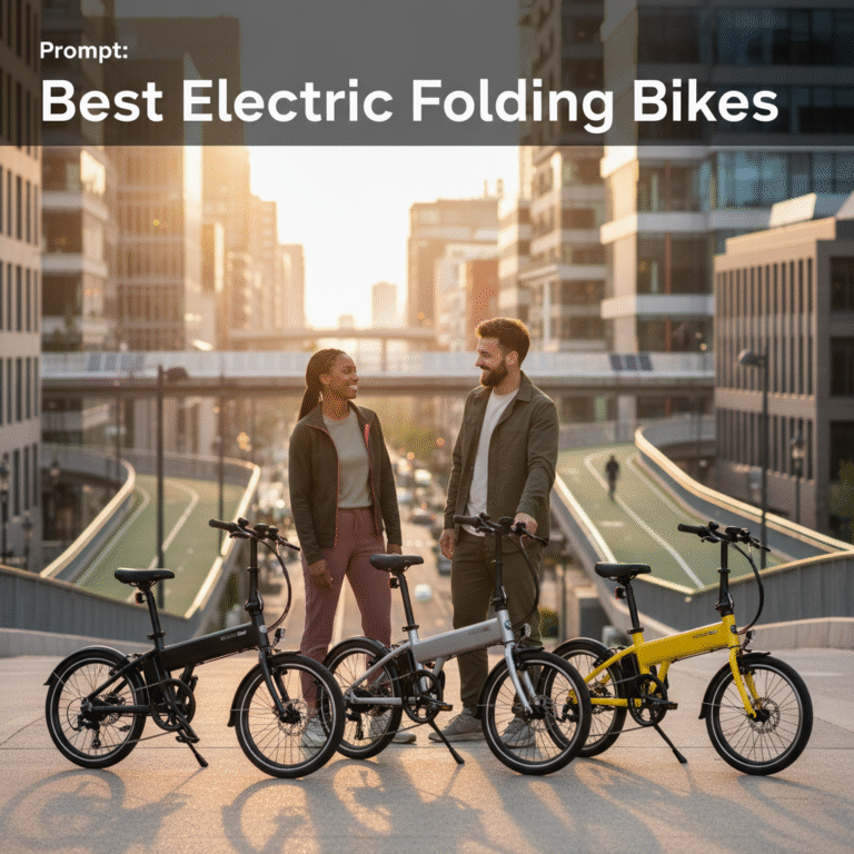 Best Electric Folding Bikes: Riders showcase stylish, portable e-bikes in a vibrant urban cityscape.