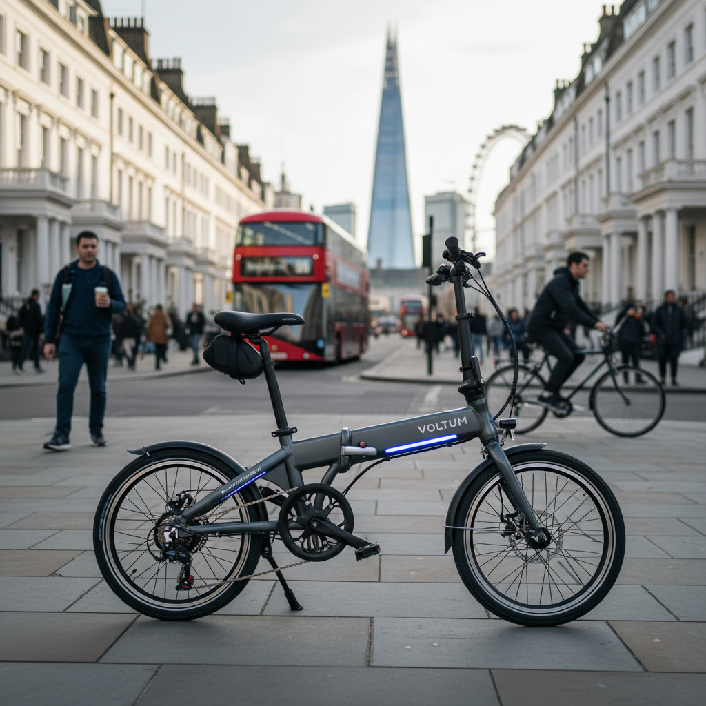 Modern electric folding bike showcased in a UK cityscape, highlighting convenience and urban mobility.
