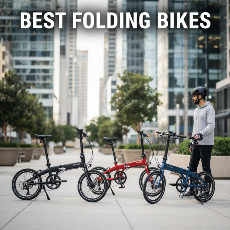 alt_text Three stylish folding bikes in black, red, and blue, displayed folded and unfolded in a modern city scene.