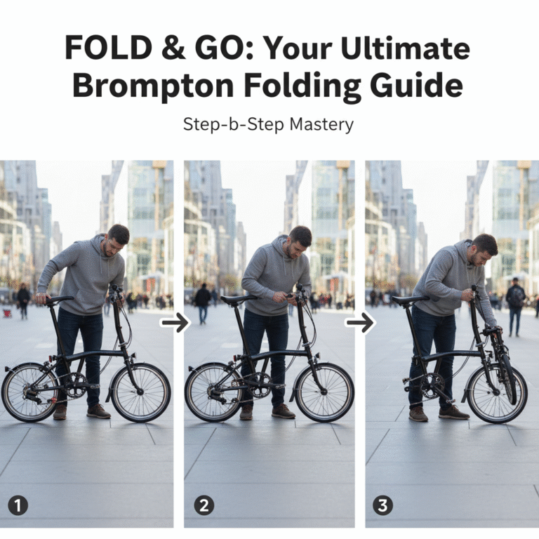 alt_text: Person demonstrates step-by-step Brompton bike folding with numbered arrows in a modern urban setting.