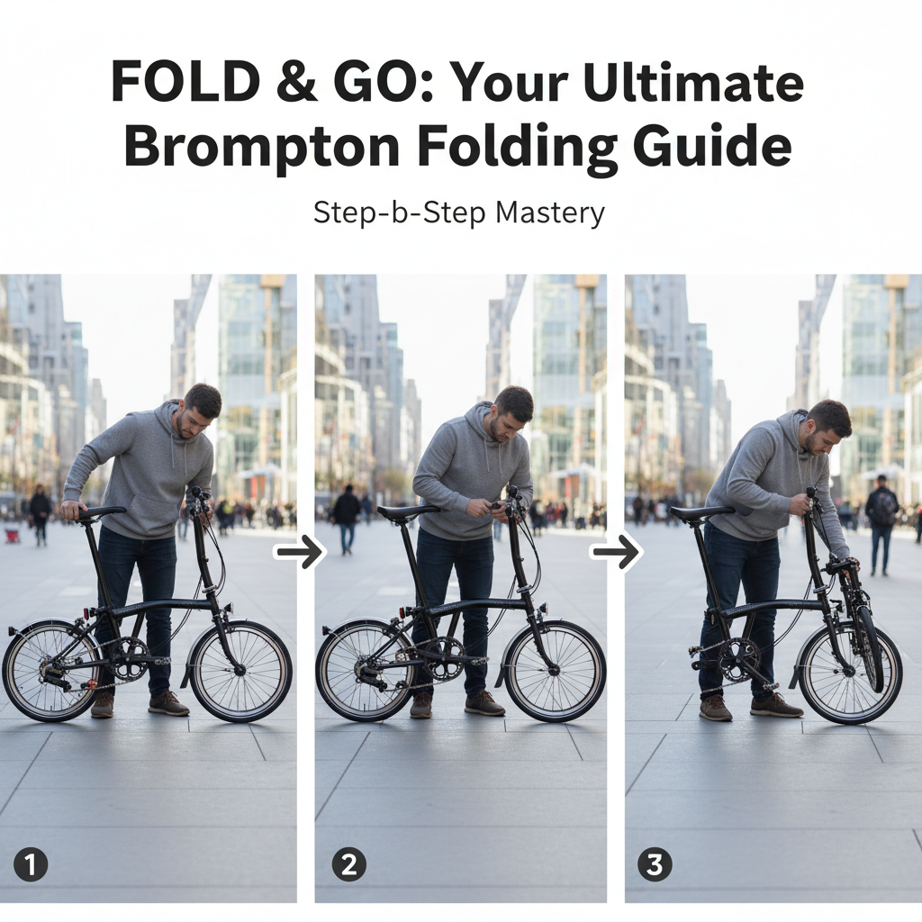 alt_text: Person demonstrates step-by-step Brompton bike folding with numbered arrows in a modern urban setting.