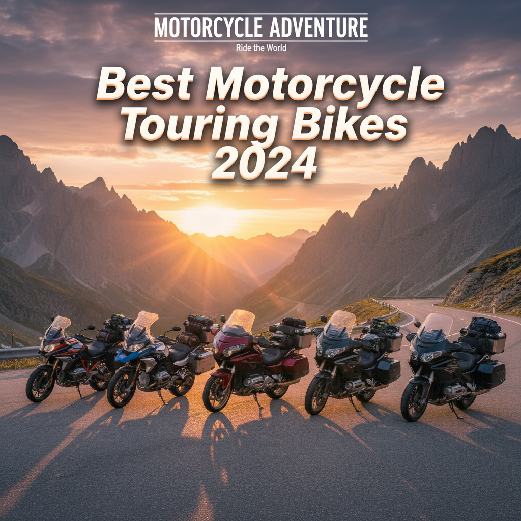 Best Motorcycle Touring Bikes 2024 lineup ready for adventure on a scenic mountain road at sunset.