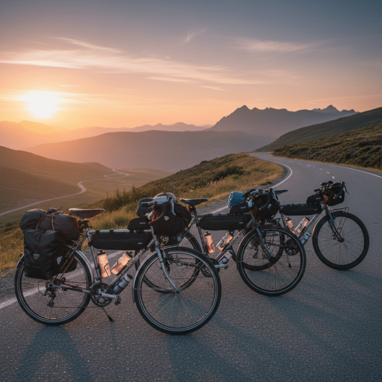 Best Touring Bikes lined up at sunrise on a scenic mountain road, ready for an epic adventure.