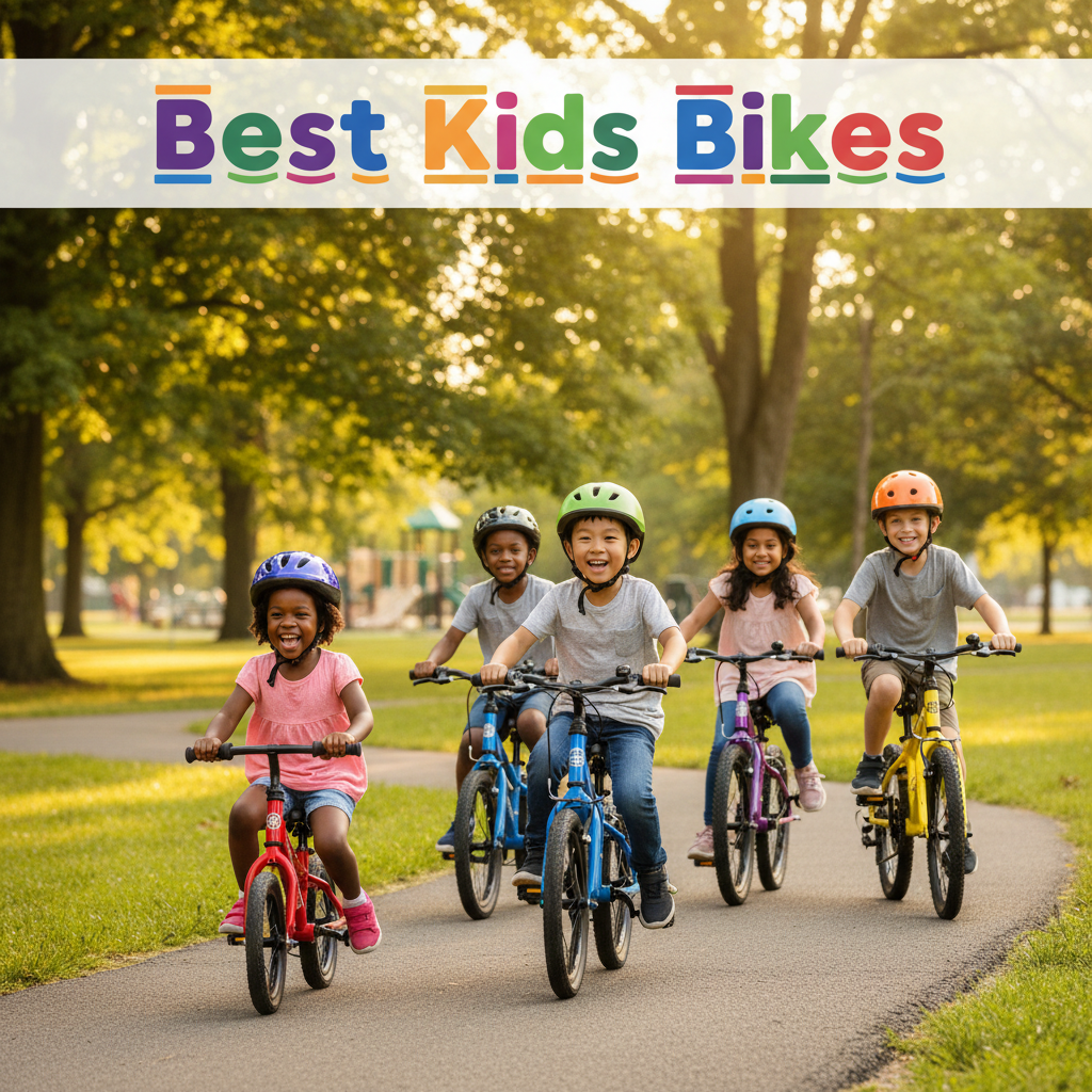 Diverse, happy kids riding colorful bikes in a sunny park—Best Kids Bikes title in playful font.