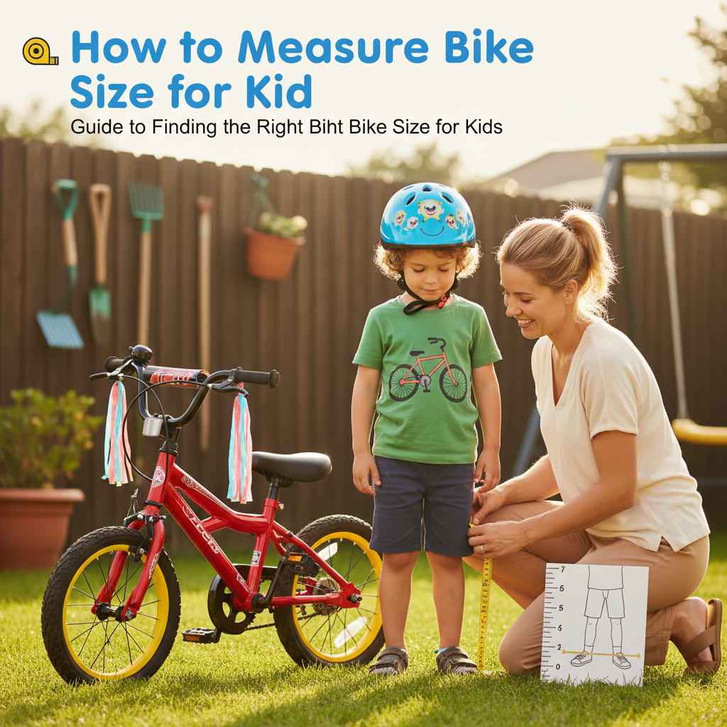 Parent measures child’s inseam by a kid’s bike; guide to finding the right bike size for kids.