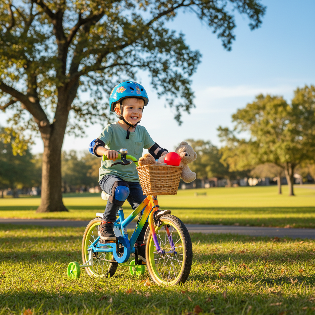 alt_text A happy child rides a colorful bike with training wheels in a sunny park, surrounded by green trees.