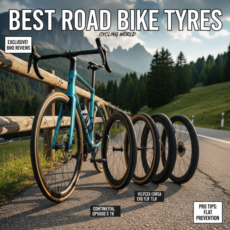 alt_text: Magazine cover of top road bike tyres, featuring a close-up of tyres on a scenic mountain road.