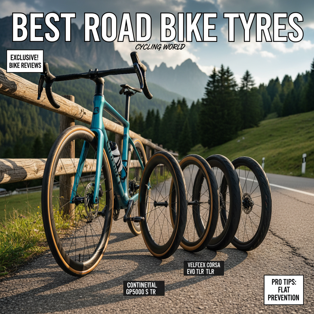 alt_text: Magazine cover of top road bike tyres, featuring a close-up of tyres on a scenic mountain road.