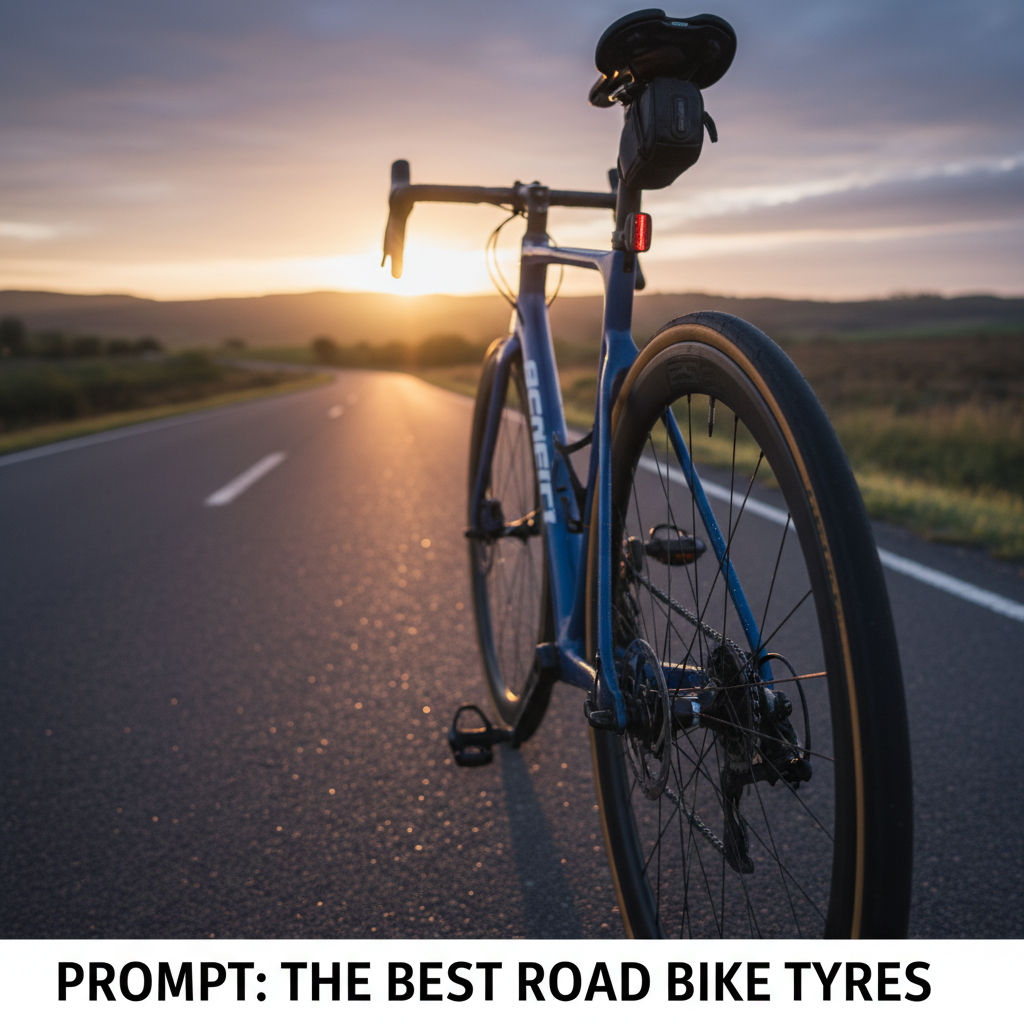 alt_text: Sleek road bike at sunrise featuring close-up premium tyres on a smooth open road for cyclists.