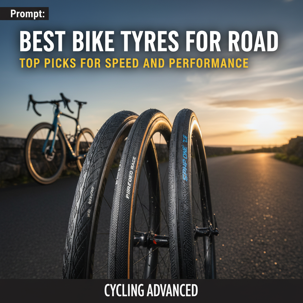 alt_text: Premium road bike tyres showcased with tread detail beside a sunlit road and vibrant sky backdrop.