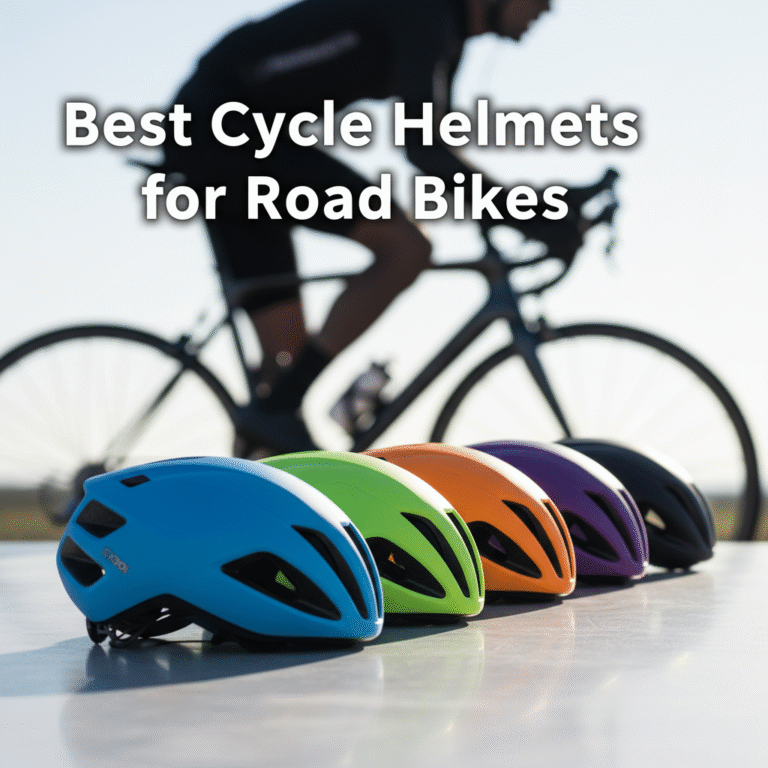 Best modern road bike helmets in vibrant colors, with a blurred bike background and bold title overlay.