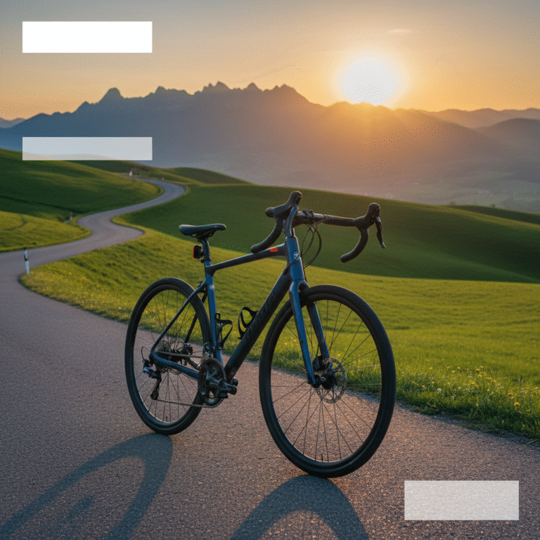 Sleek endurance road bike on a scenic winding road at golden hour, set for an inspiring adventure.