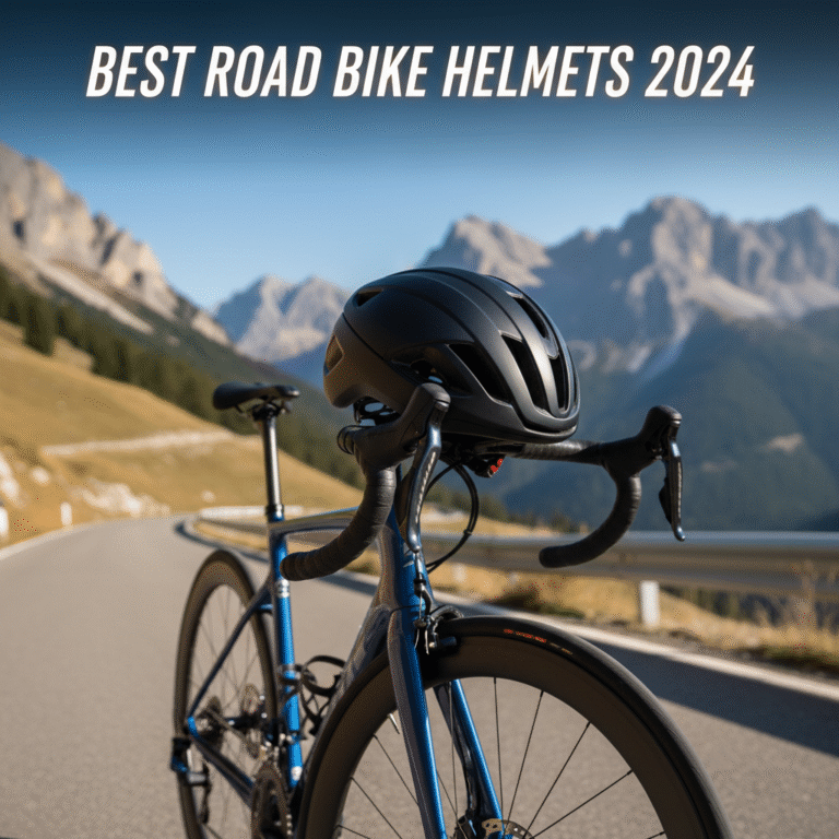 Best Road Bike Helmets 2024: Sleek helmet on bike handlebars, mountain road background, vibrant colors.