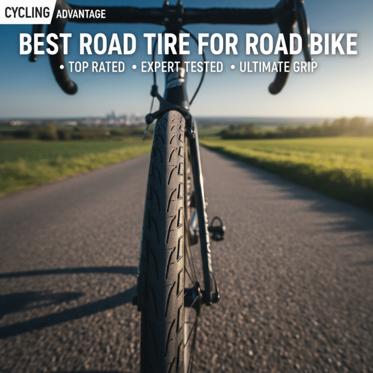 alt_text High-end road bike on asphalt, tire tread in focus, bold text highlights best road tire features.