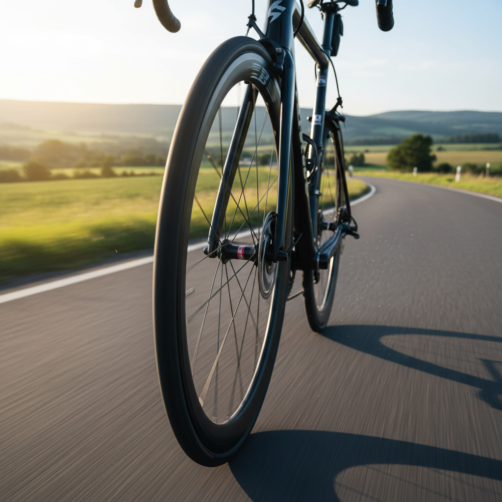 alt_text Close-up of a premium road bike tire on asphalt, highlighting tread, texture, and speed in motion.