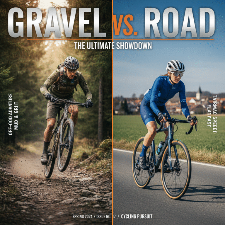 Gravel vs. Road: Two cyclists showcase bikes and terrains on a dynamic, photorealistic magazine cover.