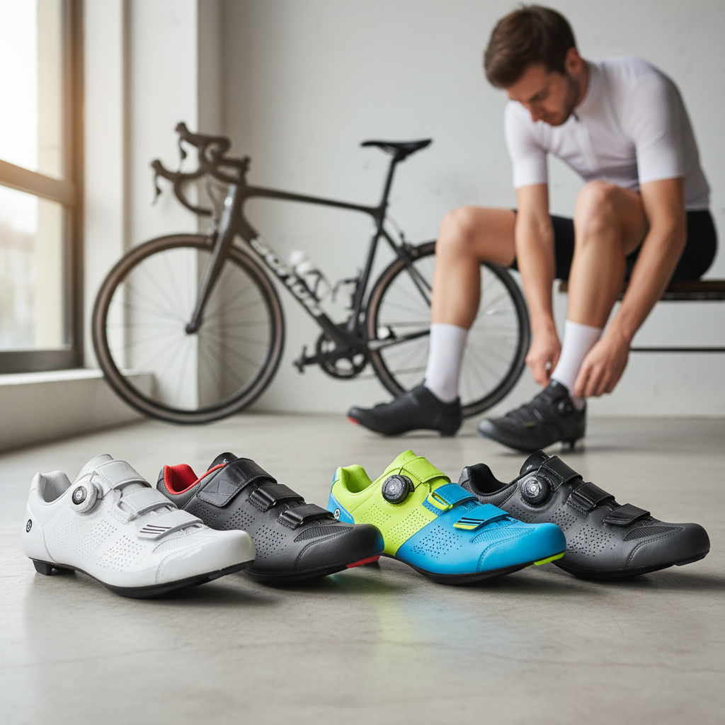 alt_text Close-up of various premium road cycling shoes with a blurred bike and cyclist adjusting footwear behind.