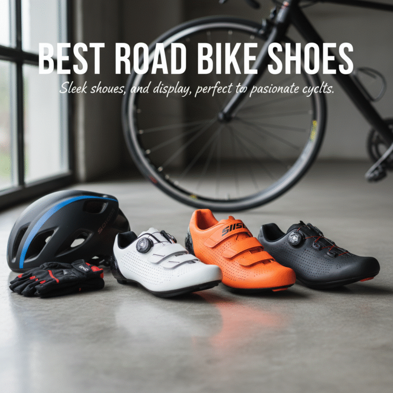 Best Road Bike Shoes: Sleek shoes, helmet, and gloves on display, perfect for passionate cyclists.