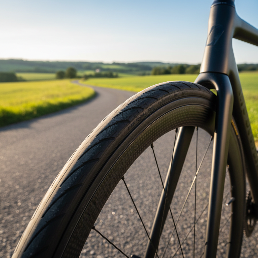 Close-up of a premium road bike tire on sleek bike, highlighting tread and quality on smooth asphalt.
