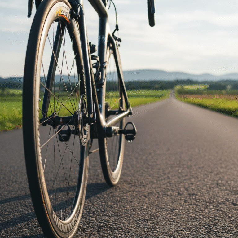 Close-up of premium road bike tyres on smooth asphalt, highlighting tread patterns and popular brands.