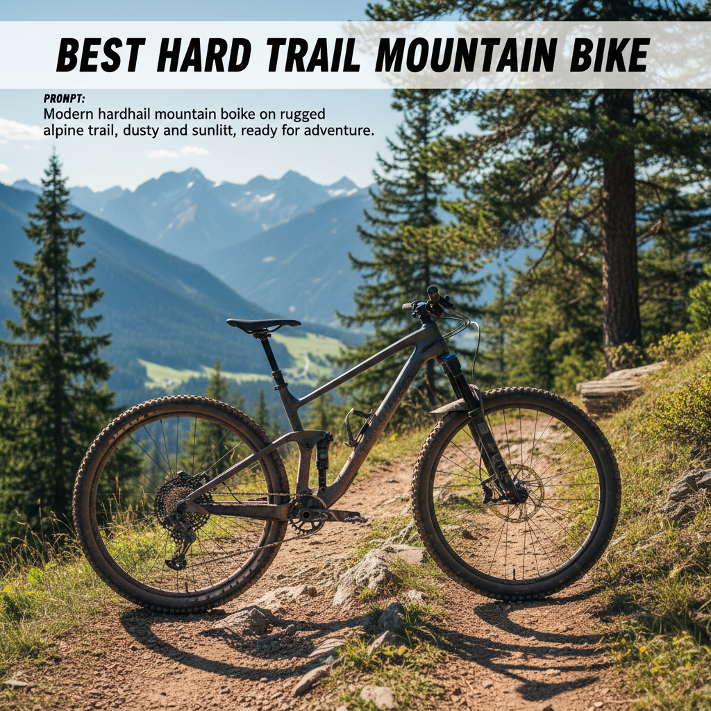 Modern hardtail mountain bike on rugged alpine trail, dusty and sunlit, ready for adventure.