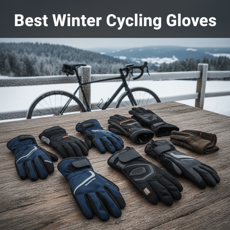 Best Winter Cycling Gloves displayed on wood, with snow, bike, and cozy gear details in cool tones.